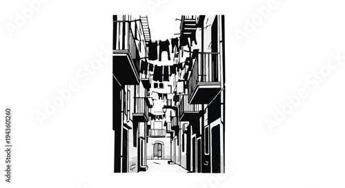 Charming narrow European street with laundry hanging between buildings