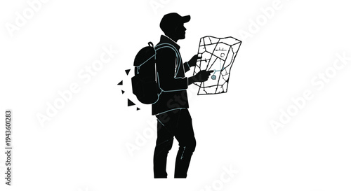 Adventurous hiker with backpack studies a detailed map, planning their outdoor journey with focus.