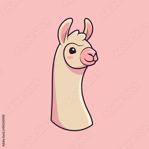 Cute llama cartoon illustration with a long neck and soft pastel colors, simple flat vector mascot style, adorable animal character isolated on a pink background.
