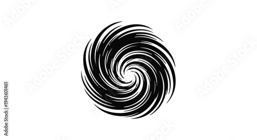 Abstract black vortex with swirling lines on a white background, representing energy and motion.