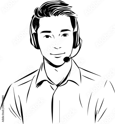 Hand Drawn Male Customer Service Agent Black and White Avatar Illustration in Minimal Line Art Style Design
