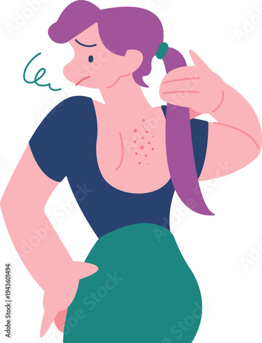 背中の肌荒れを何とかしたいと悩んでいる女性のイラスト・背中を出せないのがコンプレックス！Back acne prevents you from enjoying fashion to the fullest