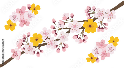 Beautiful illustration of pink cherry blossoms and vibrant yellow flowers on branches, symbolizing spring and nature's beauty.