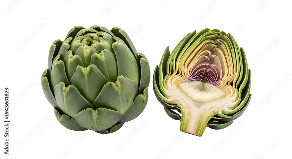 Fototapeta premium Artichoke Whole and Half Isolated PNG – Fresh Green Artichoke Cut Vegetable Transparent Background