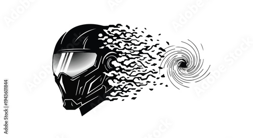 Futuristic helmet fragmenting into a swirling vortex against a white background