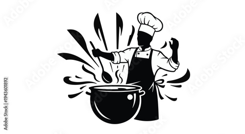 Skilled chef energetically stirring a steaming pot with culinary flair