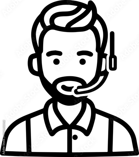 Hand Drawn Male Customer Service Agent Black and White Avatar Illustration in Minimal Line Art Style Design