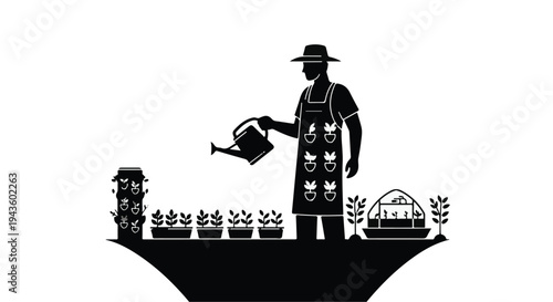 Farmer tending to a thriving garden with innovative vertical and greenhouse systems