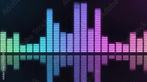 Vibrant colorful o equalizer bars reflecting on a dark background