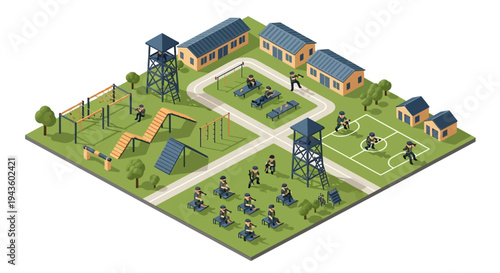 Isometric 3D illustration of a military base with buildings, barracks, and a parade ground in a strategic layout.