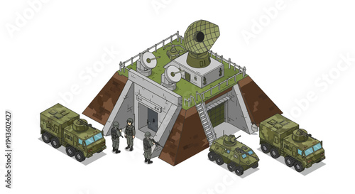Isometric 3D illustration of a military base with army vehicles and personnel, featuring a defense base design with strategic layout.