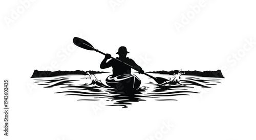 Silhouette of a person kayaking on water, creating ripples and splashes, during the day.