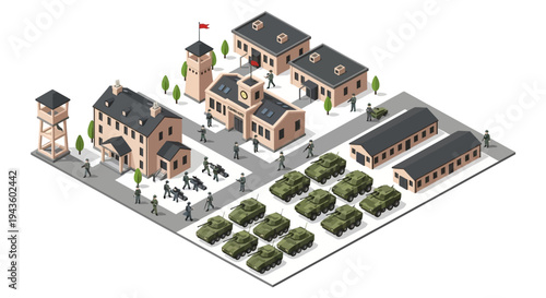 Isometric 3D illustration of a military base with buildings, barracks, and a watchtower, showcasing a strategic army camp design with defense structures and facilities.