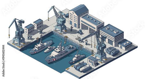 Isometric 3D illustration of a military base with a harbor, featuring various naval vessels and equipment, set against a clean white background with a monochromatic color scheme.