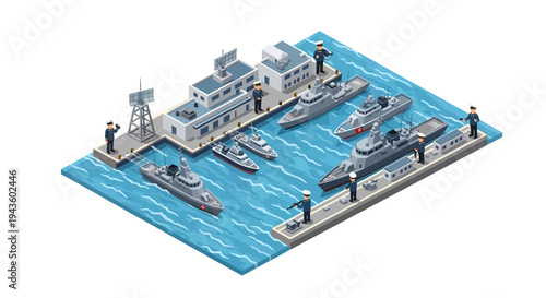 Isometric 3D illustration of a military base with various naval vessels and buildings on a blue water background, showcasing a strategic army camp design.