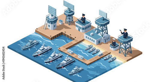 Isometric 3D illustration of a military base with various naval ships and defense structures on a sandy terrain near the ocean.