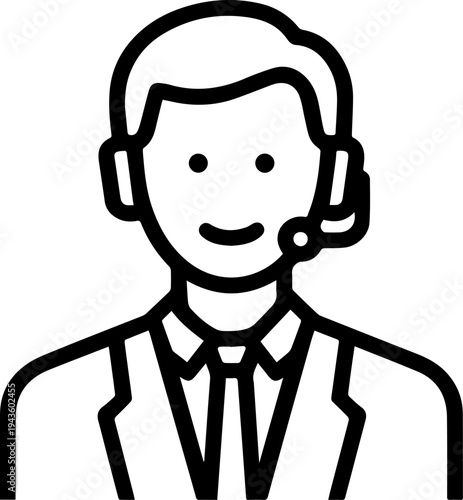 Hand Drawn Male Customer Service Agent Black and White Avatar Illustration in Minimal Line Art Style Design