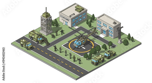 Isometric 3D illustration of a military base with buildings, a helipad, and vehicles on a green landscape with a road, showcasing a strategic army camp design.