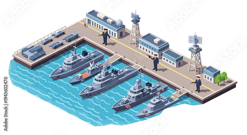 Isometric 3D illustration of a military base with warships and facilities on a dock by the sea, featuring buildings, defense structures, and personnel in a strategic layout.