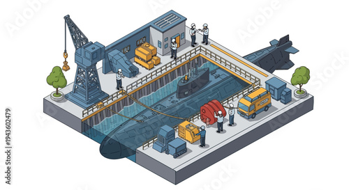 Isometric 3D illustration of a military base with a crane, trucks, and soldiers, showcasing a strategic army camp design with defensive structures and equipment.