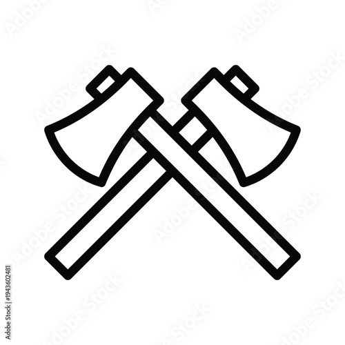 Two crossed hatchets for chopping wood. Single Line Icon.