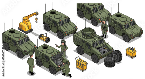 Isometric illustration of military personnel operating and maintaining green army vehicles with equipment in a strategic 3D military base setting.