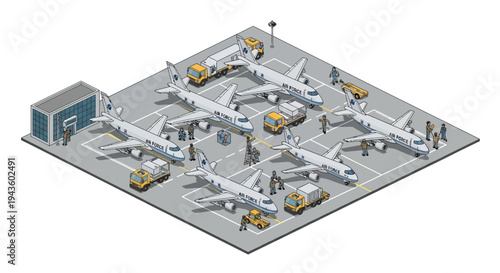 Isometric 3D illustration of a military base with various facilities and vehicles on a gray background, showcasing a strategic army camp design.