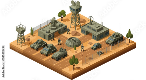 Isometric 3D illustration of a military base with buildings, vehicles, and watchtowers on a sandy terrain with trees, showcasing a strategic army camp design.