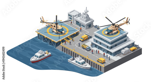 Isometric 3D illustration of a military base with a helicopter pad and docked boats on water, showcasing a strategic army camp design with defense facilities.