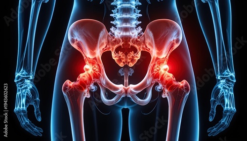 Digital Medical Illustration of Human Body Highlighting Hip Pain and Skeletal System with Sciatic Nerve Inflammation
