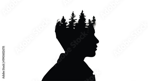 Silhouette of a man's head filled with a forest, symbolizing nature's presence in thought.