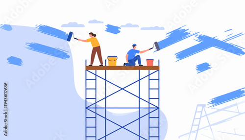 Two Workers Painting on Scaffolding Platform.