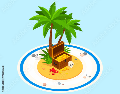Treasure Chest on Island with Palm Tree.