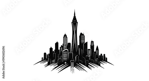 Dramatic black and white illustration of a modern city skyline with a central tall tower.