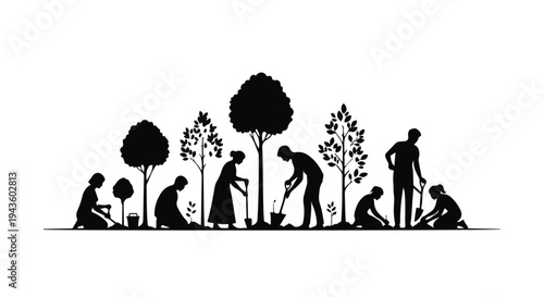 Silhouettes of people of different ages planting trees, symbolizing growth and environmental care.