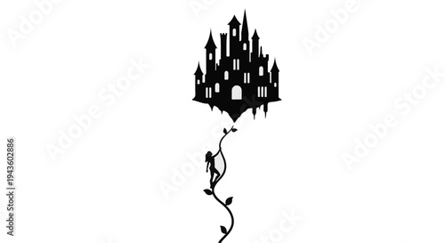 Silhouette of a person climbing a vine towards a fantastical castle suspended in the air.
