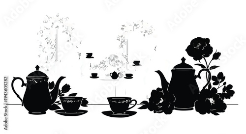 Elegant silhouette of a tea set with floral elements, evoking a sense of tradition and refinement.