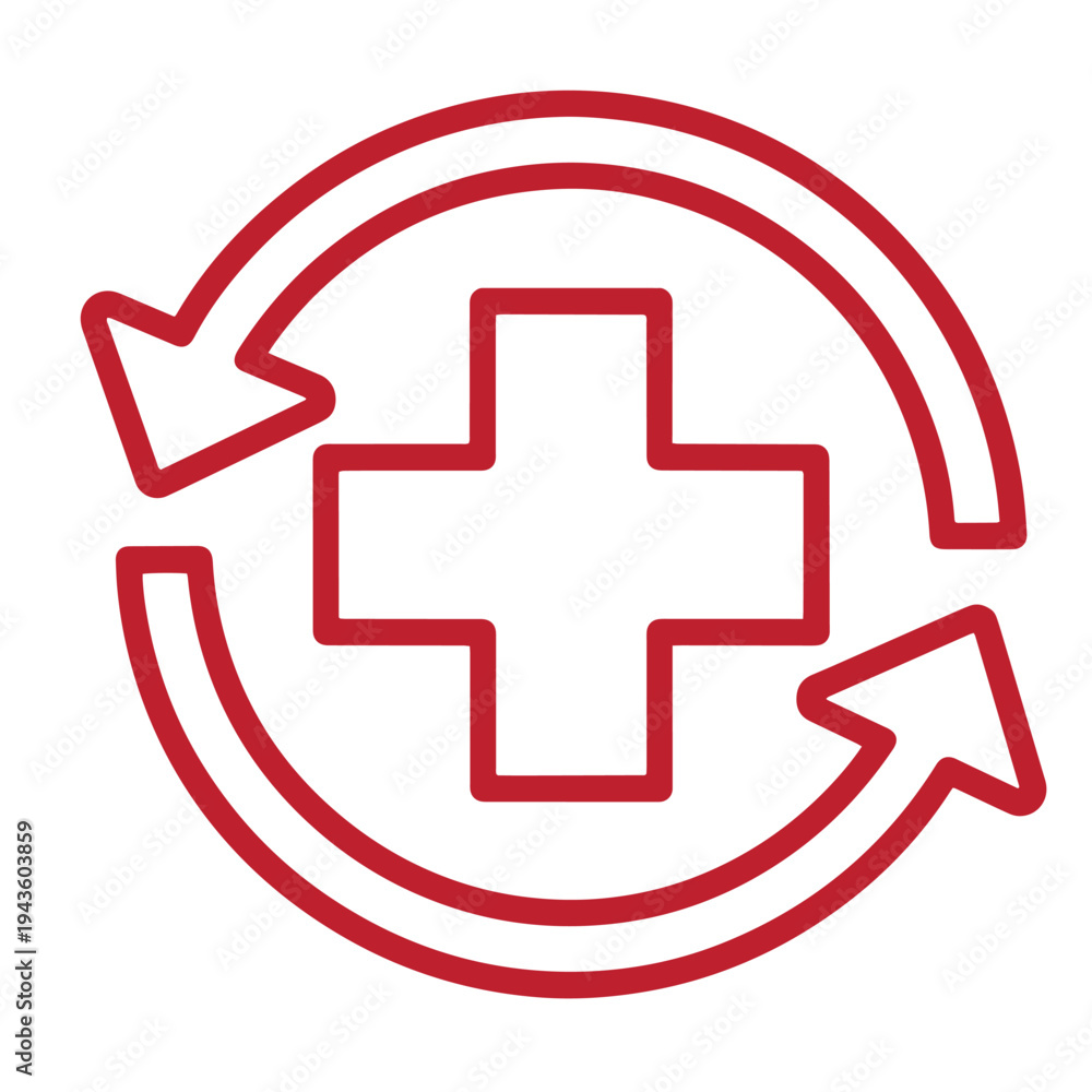 Obraz premium Red cross symbol with circular arrows indicating recycling or reuse in medical context