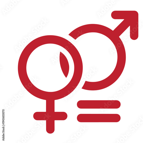 red equal sign symbol between male and female gender icons representing equality and social justice