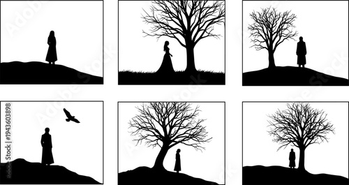 Vector silhouette of a lonely woman standing under a bare winter tree in a field for solitude and flat vector illustration