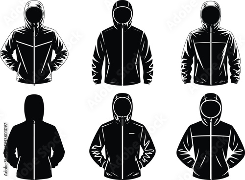 Set of hooded windbreaker jacket silhouette lightweight sportswear vector illustration