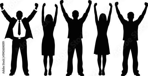 Vector silhouette of successful business people celebrating victory with raised arms for teamwork achievement goal accomplishment and flat vector illustration