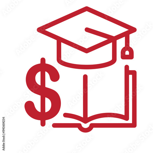 red icon of graduation cap and dollar sign with open book education and finance symbol