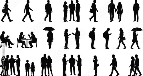Silhouette people collection, walking, standing, sitting, reading, phone use, umbrella holding, family, couples, social interaction, everyday human activity