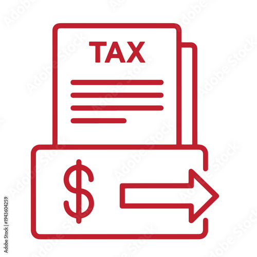 Red icon of tax document and dollar bill with arrow  tax payment concept