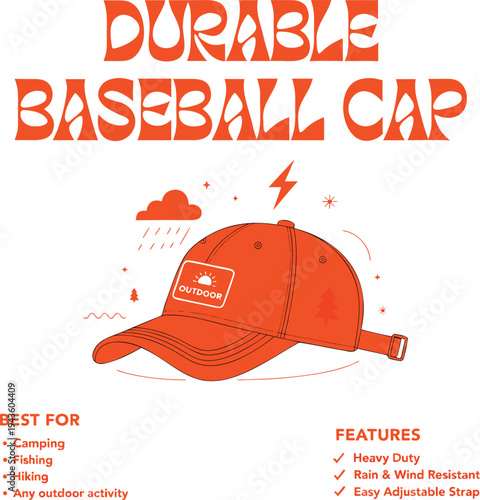 Durable Orange Baseball Cap with Outdoor Patch and Weather Resistant Features for Camping, Fishing, Hiking