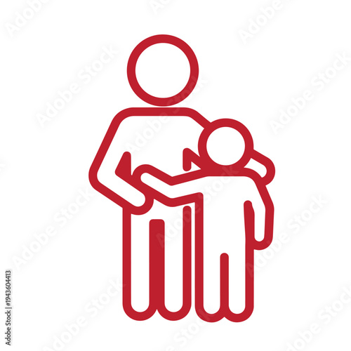 red line drawing of adult hugging child  people icon