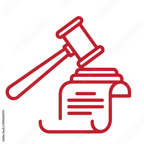 red line icon of a gavel on a document  law and justice symbol