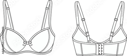 Women classic bra front and back view lingerie underwear fashion garment template outline apparel design flat vector illustration