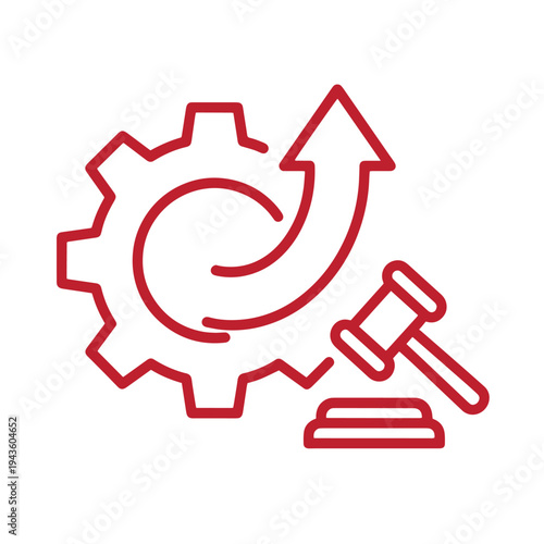 Red line icon of gear with arrow and gavel for business process and law concept
